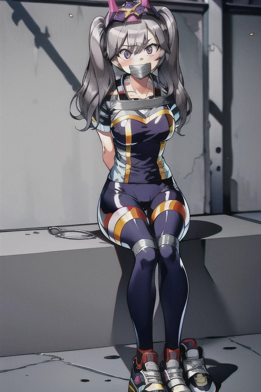 ((1 girl)), ((twin tails)), bound, (arms behind back:1.4), ((simple_background)), ((concrete floor, concrete wall)), ((dark empty room)), tied hands, tied ankles,  ((arms behind back)), ((((arms behind back)))), ((scowl)), ((sitting on the knees)), ((mouth close)), ((mouth gagged)), ((tape gag)), bdsm, tape gag, ((helpless)), (tights pants, long black pants, sports shoes)