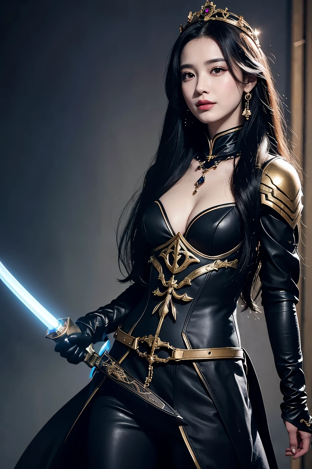 8k,とてもSmall breasts,Long black hair,Close-up of a woman in a black evil god costume holding a one-handed sword, Beautiful fantasy empress, ((Beautiful fantasy empress)), Small breasts , Very detailed, Very detailed , Up to the model | Types of bacteria, Trending on cgstation, Pan Zhenwei Art Station, Gorgeous black cloak,Ultra-high resolution,Ultra-Realistic Skin,Beautiful expression,Fantasy art,Laughter(Like the real thing),非常にSmall breasts ,Straight hair,Golden Eyes,black gemstone earrings,black gemstone necklace,Luxurious black gauntlets,Black lipstick,Black eyeshadow,Evil God Makeup,Dynamic fighting pose,Rich colors, Backlight, Cinema Lighting, Film Grain, to be born, 50mm lens, Nikon D850,Compensate,View your audience,Toned, muscular lower body,Muscular Beauty,compensate,Big smile,Gorgeous black and gold long skirt,