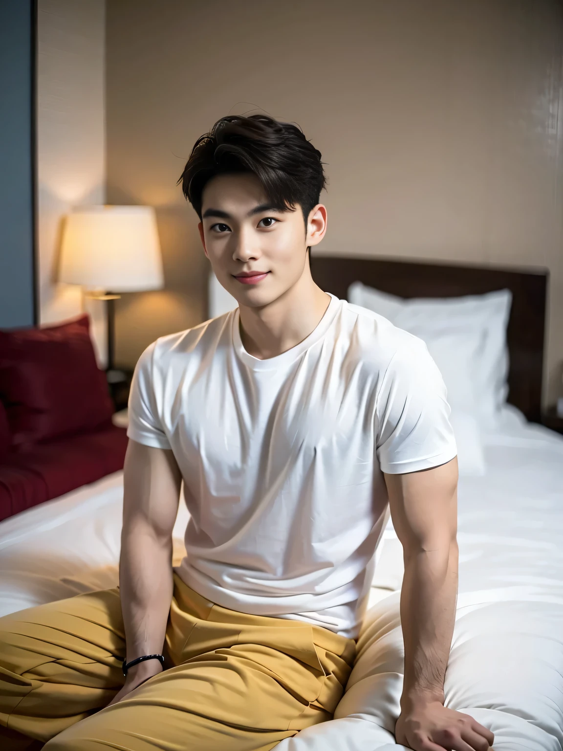 A young Asian man sitting on a large bed, handsome, detailed smirk, muscular, looking at the camera. Wearing tight T-shirt, In a hotel room