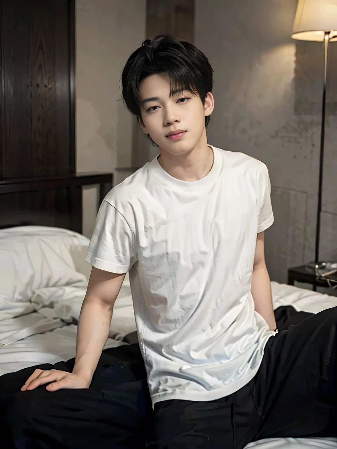 A young Asian man sitting on a large bed, handsome, detailed smirk, muscular, looking at the camera. black T-shirt, black short pants, In a hotel room