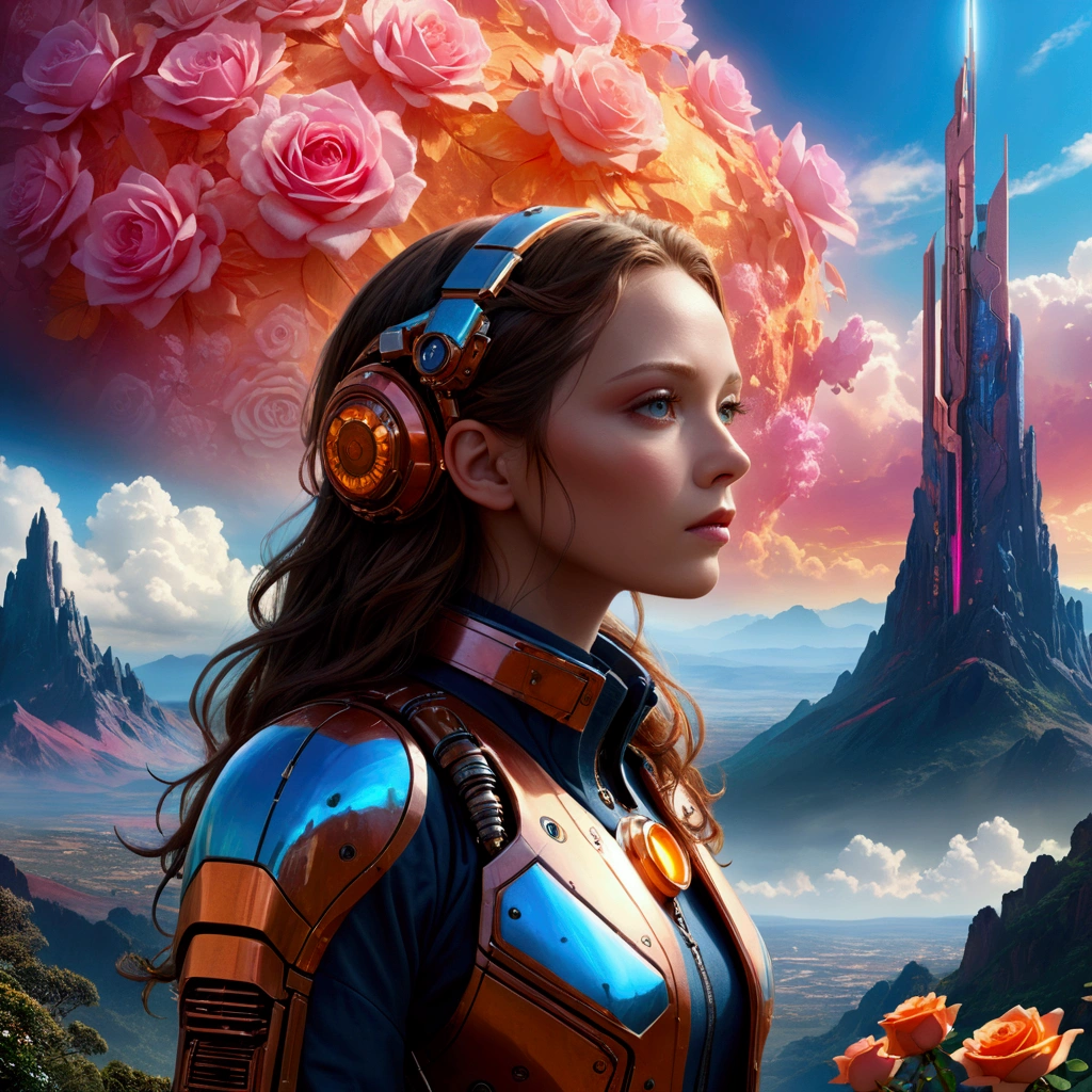 Concept Art、Science Fiction、((Inspired by Tomasz Jedruszek )), half-mechanical、eden, Sky mountain view, Orange cloud. 8k、High Detail、masterpiece、Shining fluorescent feeling，transparency，Textured Matte，Rose red，blue， (best quality,4K,8k,highres,masterpiece:1.2),(realistic,photorealistic,photo-realistic:1.37),
