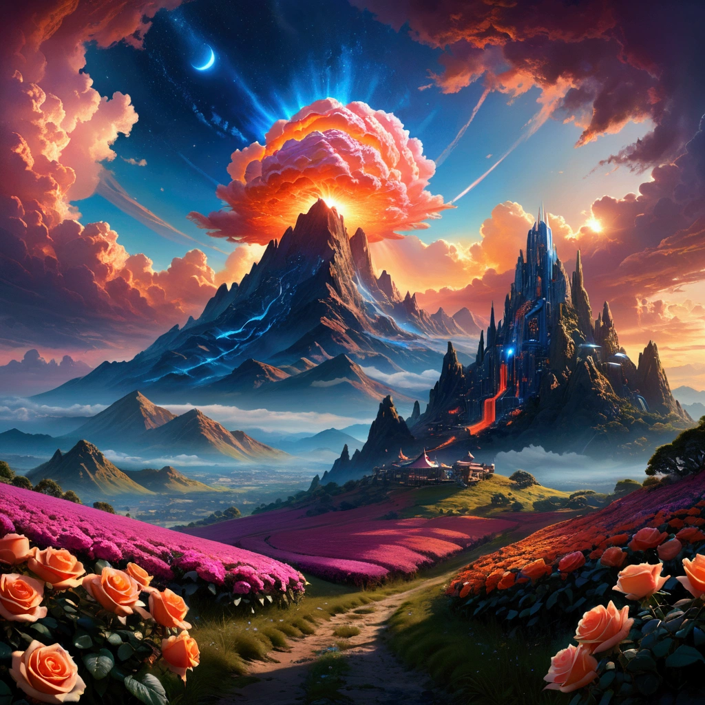 Concept Art、Science Fiction、((Inspired by Tomasz Jedruszek )), half-mechanical、eden, Sky mountain view, Orange cloud. 8k、High Detail、masterpiece、Shining fluorescent feeling,transparency,Textured Matte,Rose red,blue, (best quality,4K,8k,highres,masterpiece:1.2),(realistic,photorealistic,photo-realistic:1.37),