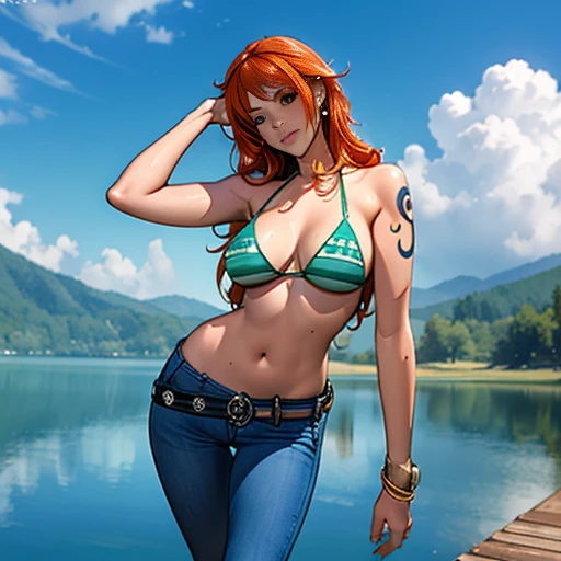 masterpiece, (Realistic:1.5), Highest quality, Beautiful lighting, Real Life, nami \(one piece\),  (solo people only ), 2 or more people NG, , beautiful, perfect anatomy  , ,  , Floating  Hair, Long Orange Hair, Brown eyes, , Exposing shoulders , shoulder tattoo, large chest, Cleavage, Slim waist, smile, , standing alone , Sweat-soaked skin, , green micro bikini top only, Bangles, bangs, Earrings, , bracelet,, between legs, jeans, green belt, jewelry, Log Pause, belly button, Wearing high heels, , , , , blue sky, cloud, , , , , , , Complex, Attention to detail, Sharp focus, dramatic, (RAW Photos, 8K Ultra HD, Film Grain), Caustics, Scattered beneath the surface, reflection