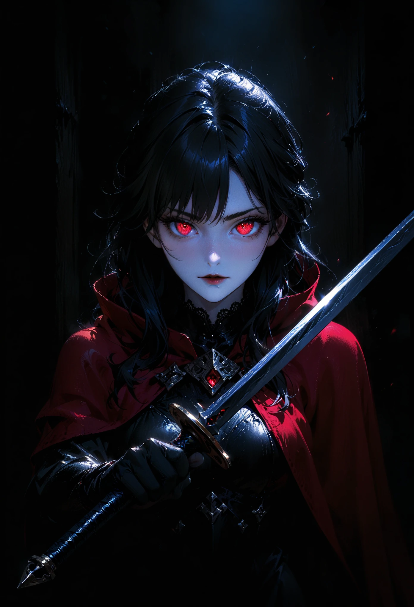 (full body portrait), 1girl, solo, holding weapon, sword, (long black hair), detailed face, mischief expression, pale white skin, red eyes, (detailed eyes), long eyelashes, black eye liner, red lipstick, black tunic, red cloak, long dress, leather glove, (chest armor), moonlight, hard lighting, blue light, cold light, (medieval theme), (masterpiece), super detailed, best quality, POV, dw01-3400