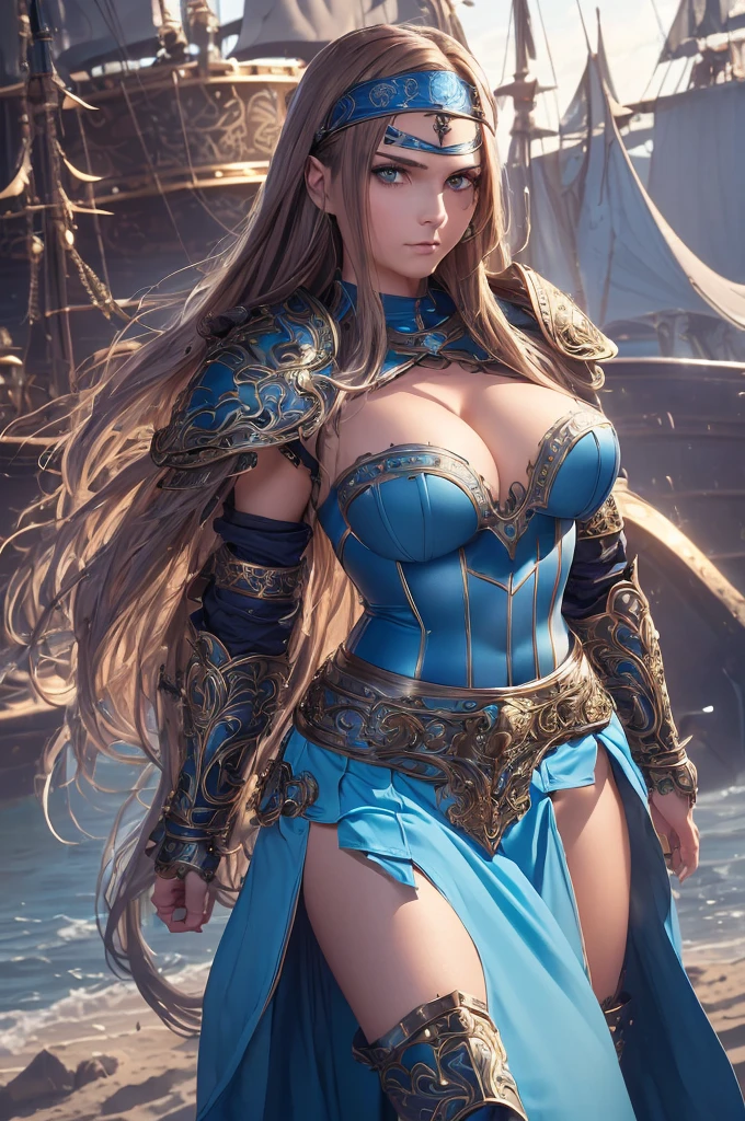 1girl, ((slim)) tall pirate sexywoman, thin waist, 18 years old, ((ornate ((steel)) breastplate armor)), average breasts. (((cleavage))), ((((very long blue skirt)))) with ((((single slit)) on the side)), ((headband)), on a ship, ((gorgeous slim face)), ((Brown hairs)), ((long straight flowing hairs)), sea, detailled face, marterwork, serious eyes, intense detailled eyes