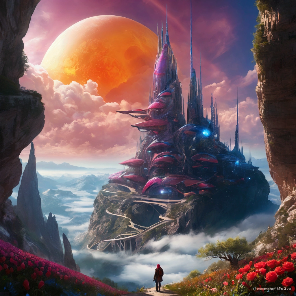 Concept Art、Science Fiction、((Inspired by Tomasz Jedruszek )), half-mechanical、eden, Sky mountain view, Orange cloud. 8k、High Detail、masterpiece、Shining fluorescent feeling，transparency，Textured Matte，Rose red，blue， (best quality,4K,8k,highres,masterpiece:1.2),(realistic,photorealistic,photo-realistic:1.37),