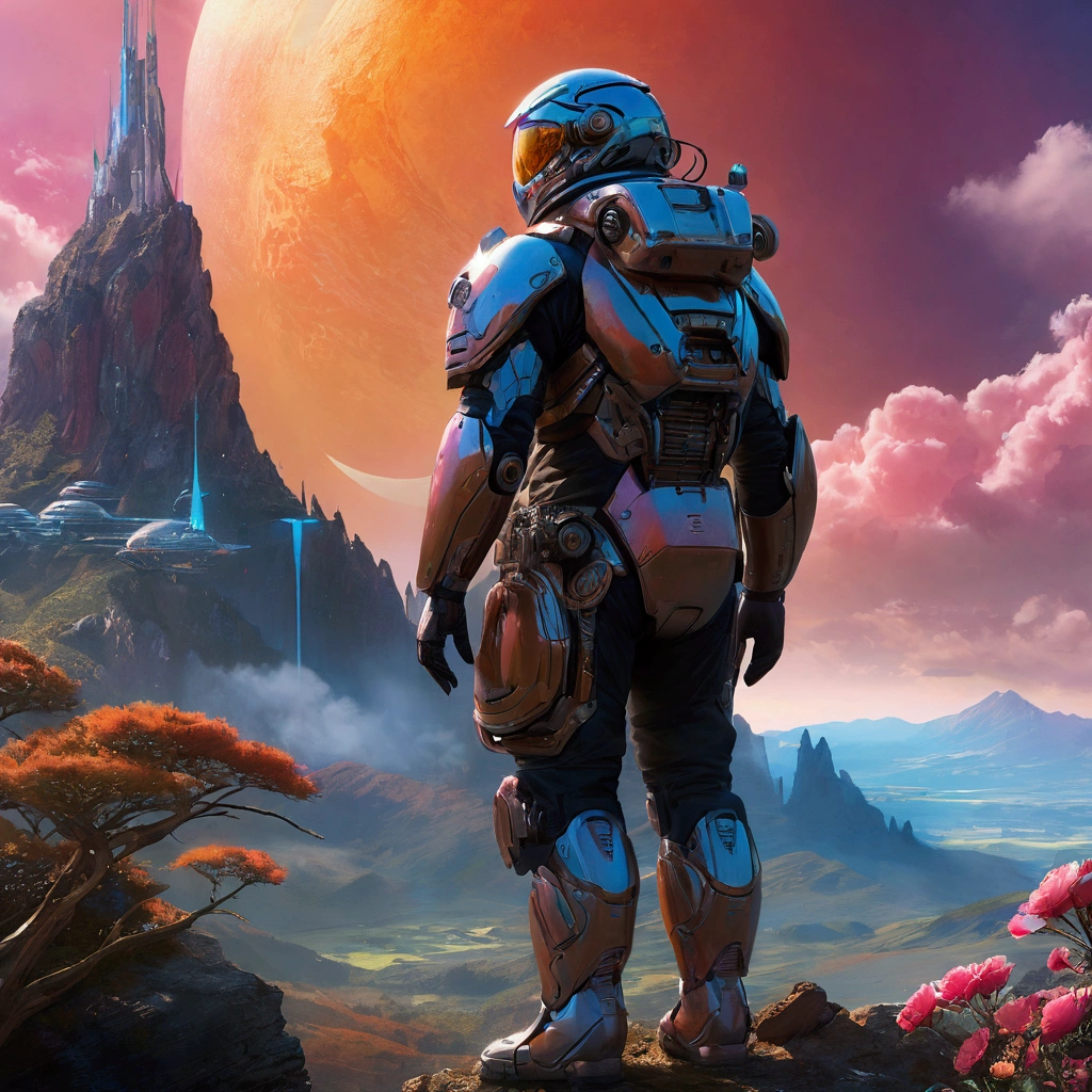 Concept Art、Science Fiction、((Inspired by Tomasz Jedruszek )), half-mechanical、eden, Sky mountain view, Orange cloud. 8k、High Detail、masterpiece、Shining fluorescent feeling,transparency,Textured Matte,Rose red,blue, (best quality,4K,8k,highres,masterpiece:1.2),(realistic,photorealistic,photo-realistic:1.37),