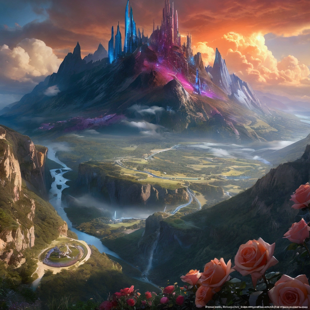 Concept Art、Science Fiction、((Inspired by Tomasz Jedruszek )), half-mechanical、eden, Sky mountain view, Orange cloud. 8k、High Detail、masterpiece、Shining fluorescent feeling,transparency,Textured Matte,Rose red,blue, (best quality,4K,8k,highres,masterpiece:1.2),(realistic,photorealistic,photo-realistic:1.37),