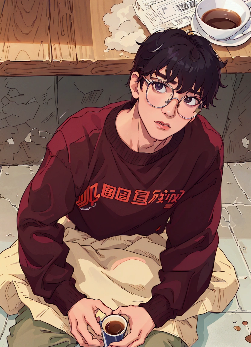 (best quality:0.8) perfect anime illustration, arafed man sitting on the floor holding a cup of coffee, kim doyoung, jung jaehyun, jinyoung shin, taejune kim, hong june hyung, hyung tae, jaeyeon nam, cai xukun, profile pic, seseon yoon, male ulzzang, jeongseok lee, headshot profile picture, jungkook, with glasses