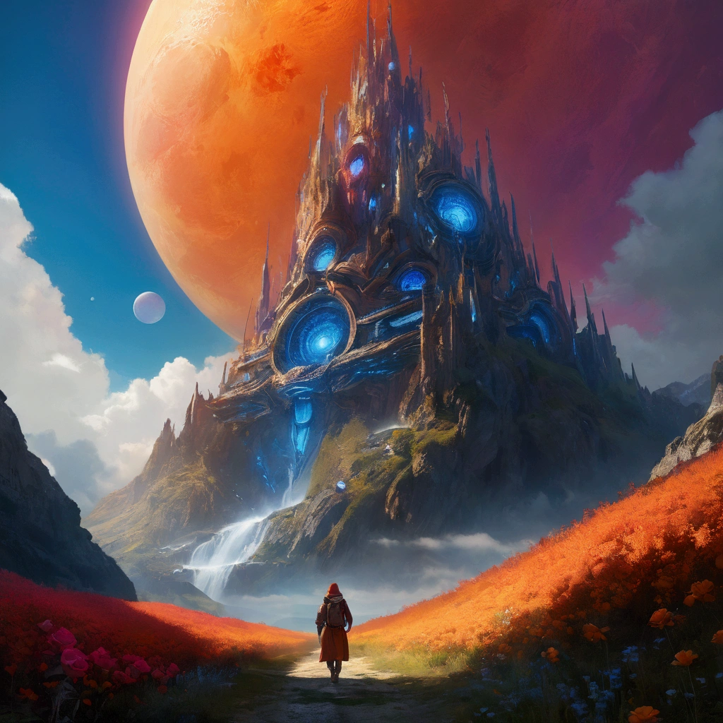 Concept Art、Science Fiction、((Inspired by Tomasz Jedruszek )), half-mechanical、eden, Sky mountain view, Orange cloud. 8k、High Detail、masterpiece、Shining fluorescent feeling,transparency,Textured Matte,Rose red,blue, (best quality,4K,8k,highres,masterpiece:1.2)