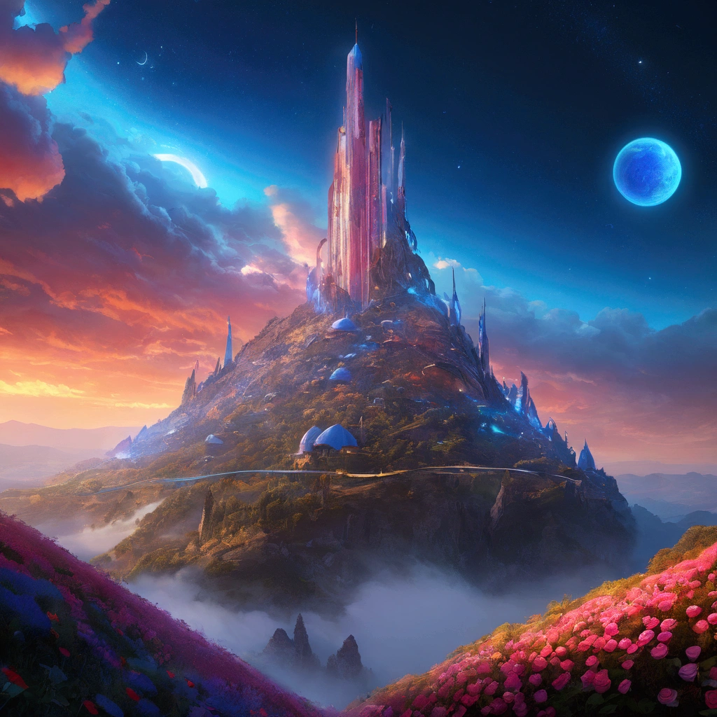 Concept Art、Science Fiction、((Inspired by Tomasz Jedruszek )), half-mechanical、eden, Sky mountain view, Orange cloud. 8k、High Detail、masterpiece、Shining fluorescent feeling,transparency,Textured Matte,Rose red,blue, (best quality,4K,8k,highres,masterpiece:1.2)