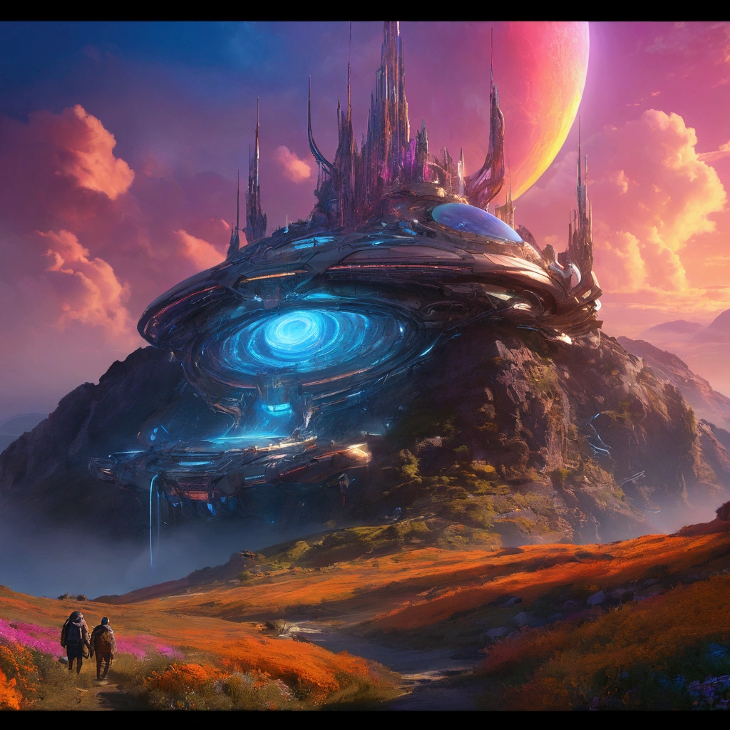 Concept Art、Science Fiction、((Inspired by Tomasz Jedruszek )), half-mechanical、eden, Sky mountain view, Orange cloud. 8k、High Detail、masterpiece、Shining fluorescent feeling,transparency,Textured Matte,Rose red,blue, (best quality,4K,8k,highres,masterpiece:1.2)