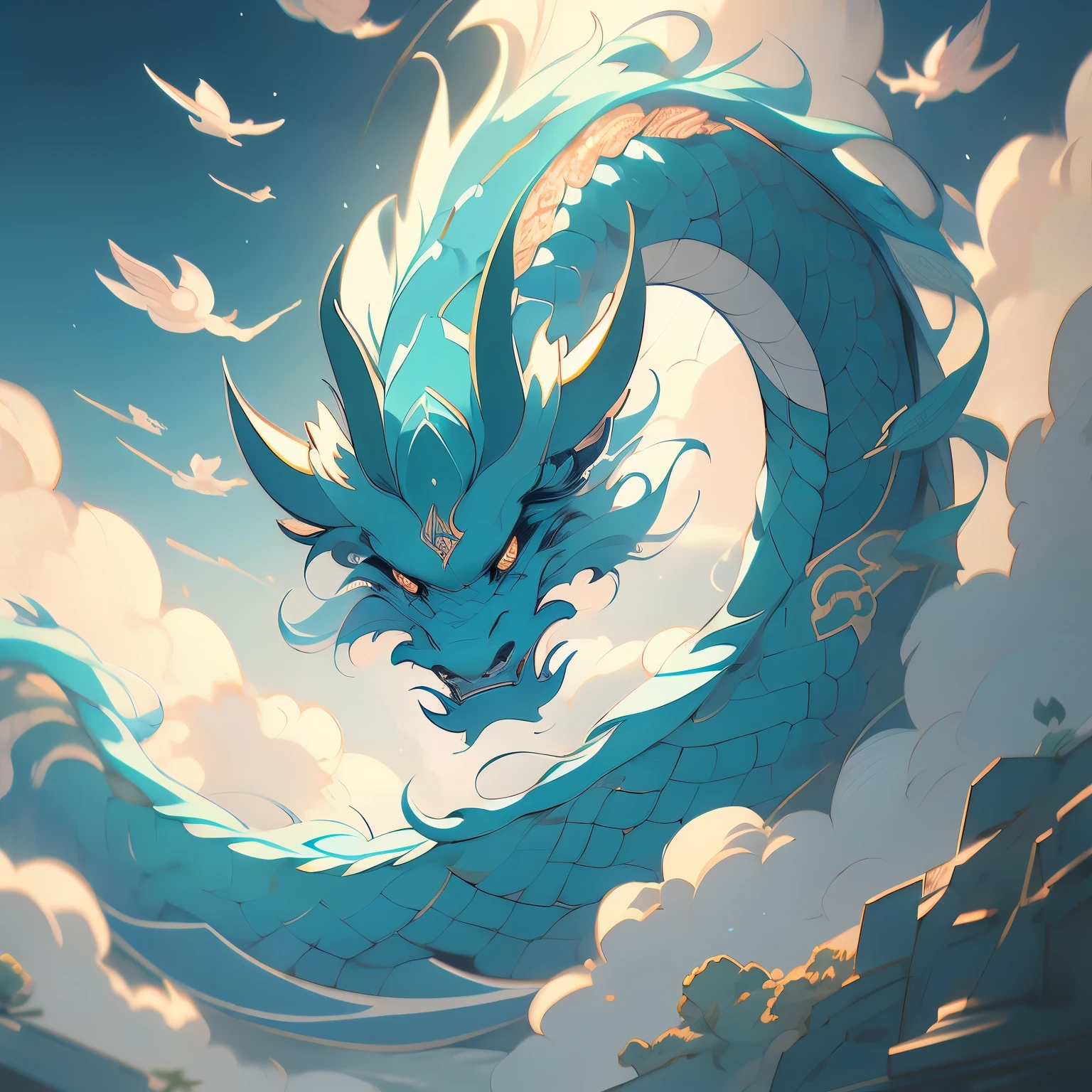 chinese dragon painting on a wall, a detailed painting by Russell Dongjun Lu, tumblr, psychedelic art, highly intricate and colorful, dragon art, majestic japanese dragon, dragon in the sky, lung dragon, chinese dragon, ✏️🎨, a dragon made of clouds, very detailed and colorful, cyan chinese dragon fantasy, chinese fantasy, oil painting of dragon