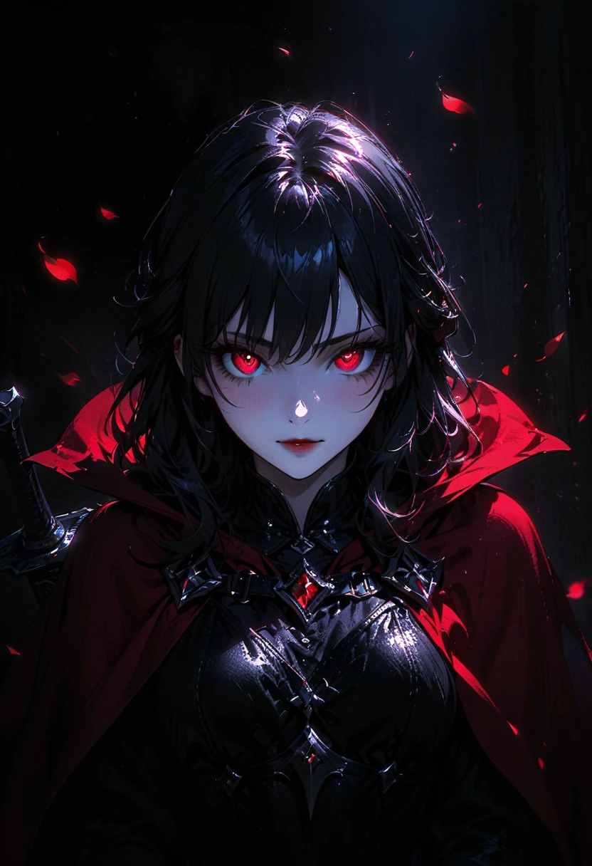 (full body portrait), 1girl, solo, holding weapon, sword, (long black hair), detailed face, mischief expression, pale white skin, red eyes, (detailed eyes), long eyelashes, black eye liner, red lipstick, black tunic, red cloak, long dress, leather glove, (chest armor), moonlight, hard lighting, blue light, cold light, red rose pedals, (medieval theme), (masterpiece), super detailed, best quality, POV, dw01-3400