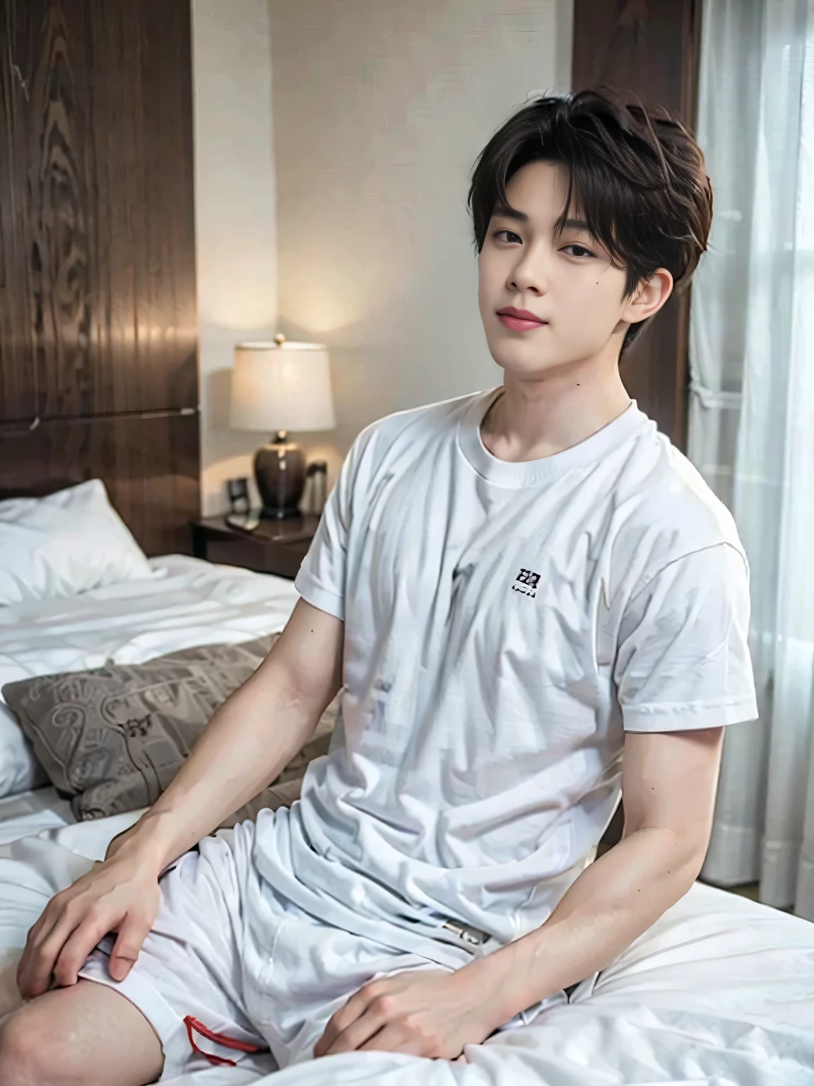 A young Asian man sitting on a large bed, handsome, detailed smirk, muscular, looking at the camera, T-shirt, white boxer, In a hotel room