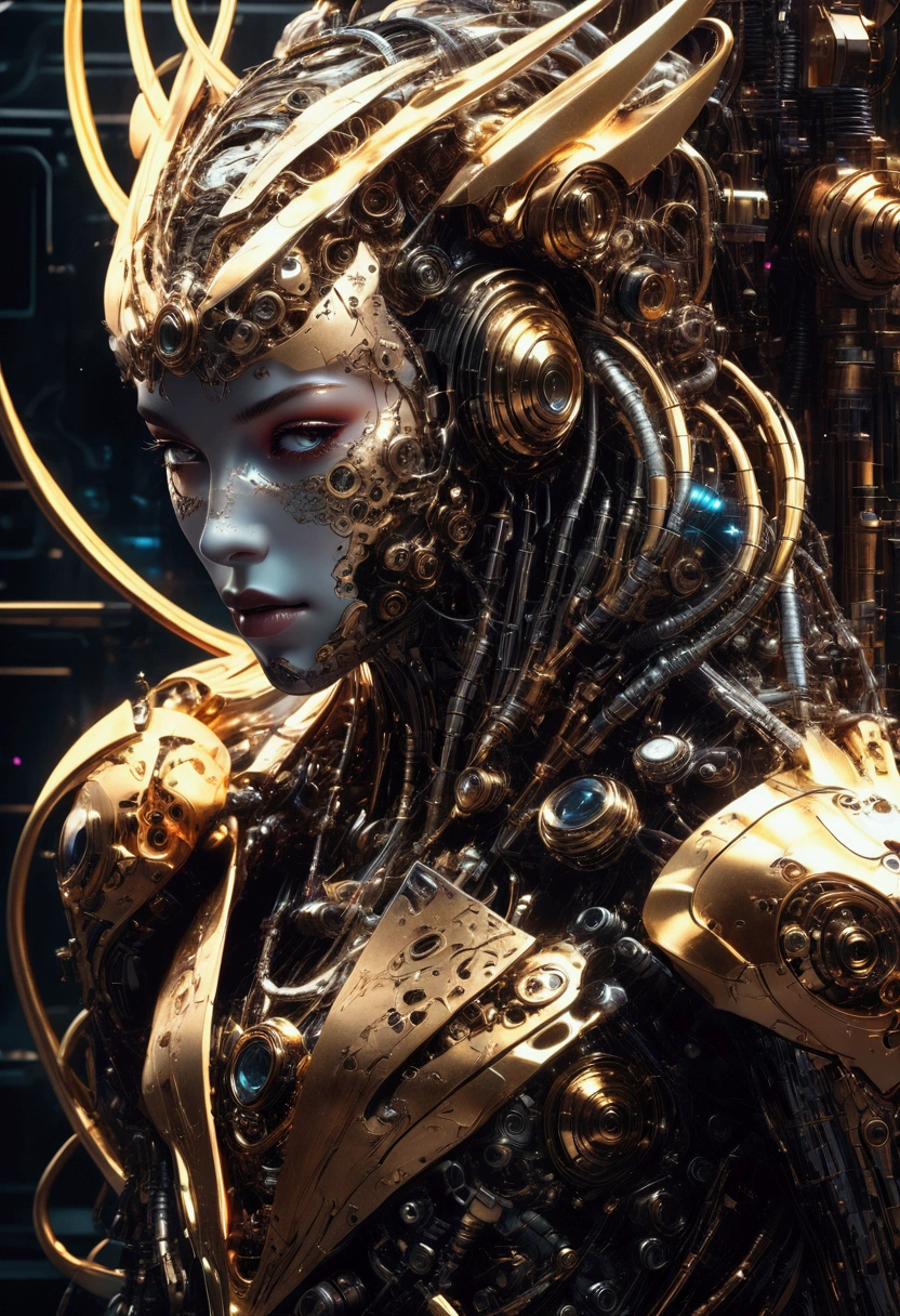 A massive mechanical creature, intricate gears and machinery, glowing neon-like lights, cyberpunk aesthetic, futuristic environment, intricate metallic textures, dynamic pose, cinematic lighting, (4k,8k,highres:1.2), ultra-detailed, machinery, steam punk, industrial, advanced technology, advanced robotics, complex design, dynamic movement, powerful presence, ominous atmosphere, masterpiece, best quality, very aesthetic, absurdres