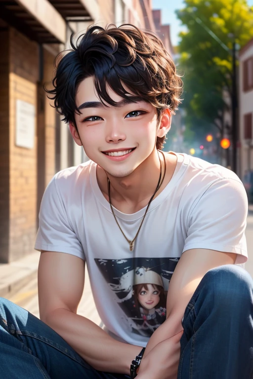 cute、A boy in his twenties、Golden mesh on black hair、Spanish Curl、Narrow eyes、T-Shirts、denim、Sparkling、smile、high resolution、Real、4K.8k.