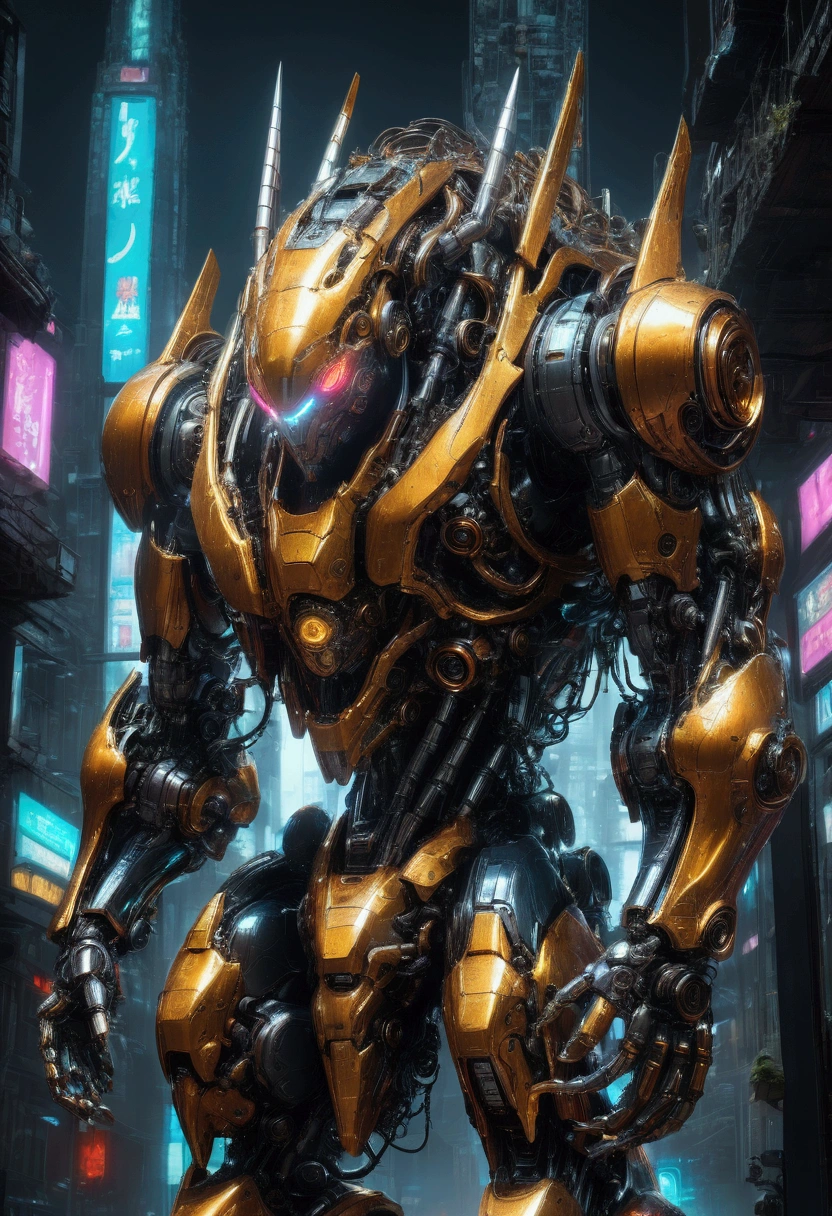 A massive mechanical creature, intricate gears and machinery, glowing neon-like lights, cyberpunk aesthetic, futuristic environment, intricate metallic textures, dynamic pose, cinematic lighting, (4k,8k,highres:1.2), ultra-detailed, machinery, steam punk, industrial, advanced technology, advanced robotics, complex design, dynamic movement, powerful presence, ominous atmosphere, masterpiece, best quality, very aesthetic, absurdres