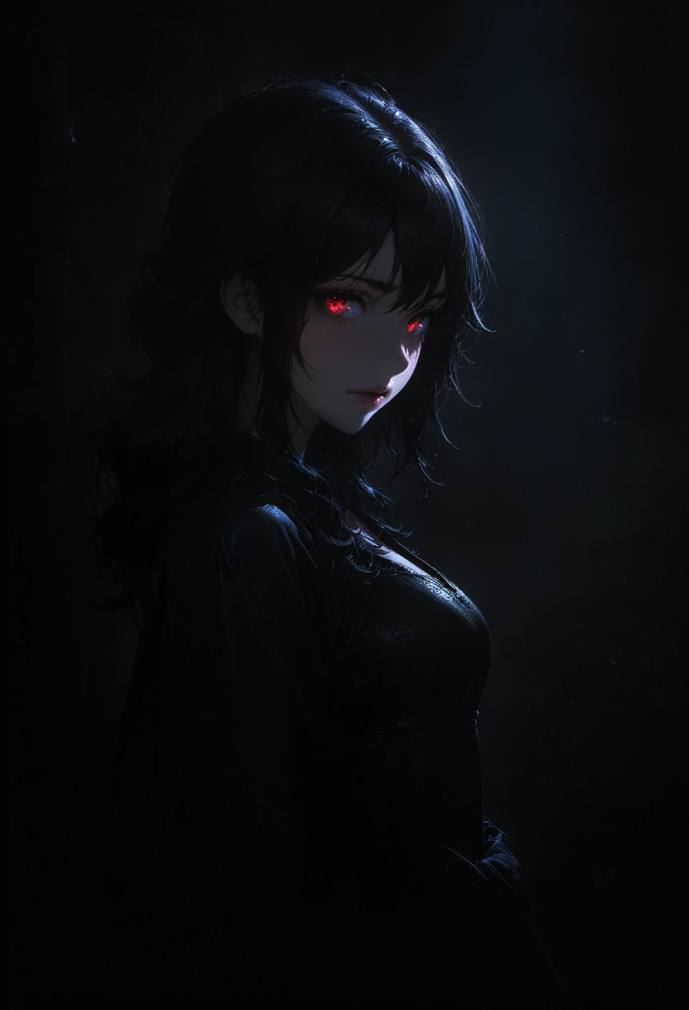 (full body portrait), 1girl, solo, holding weapon, sword, (long black hair), detailed face, mischief expression, pale white skin, red eyes, (detailed eyes), long eyelashes, black eye liner, red lipstick, black tunic, red cloak, long dress, leather glove, (chest armor), moonlight, hard lighting, blue light, cold light, (medieval theme), (masterpiece), super detailed, best quality, POV, dw01-3400