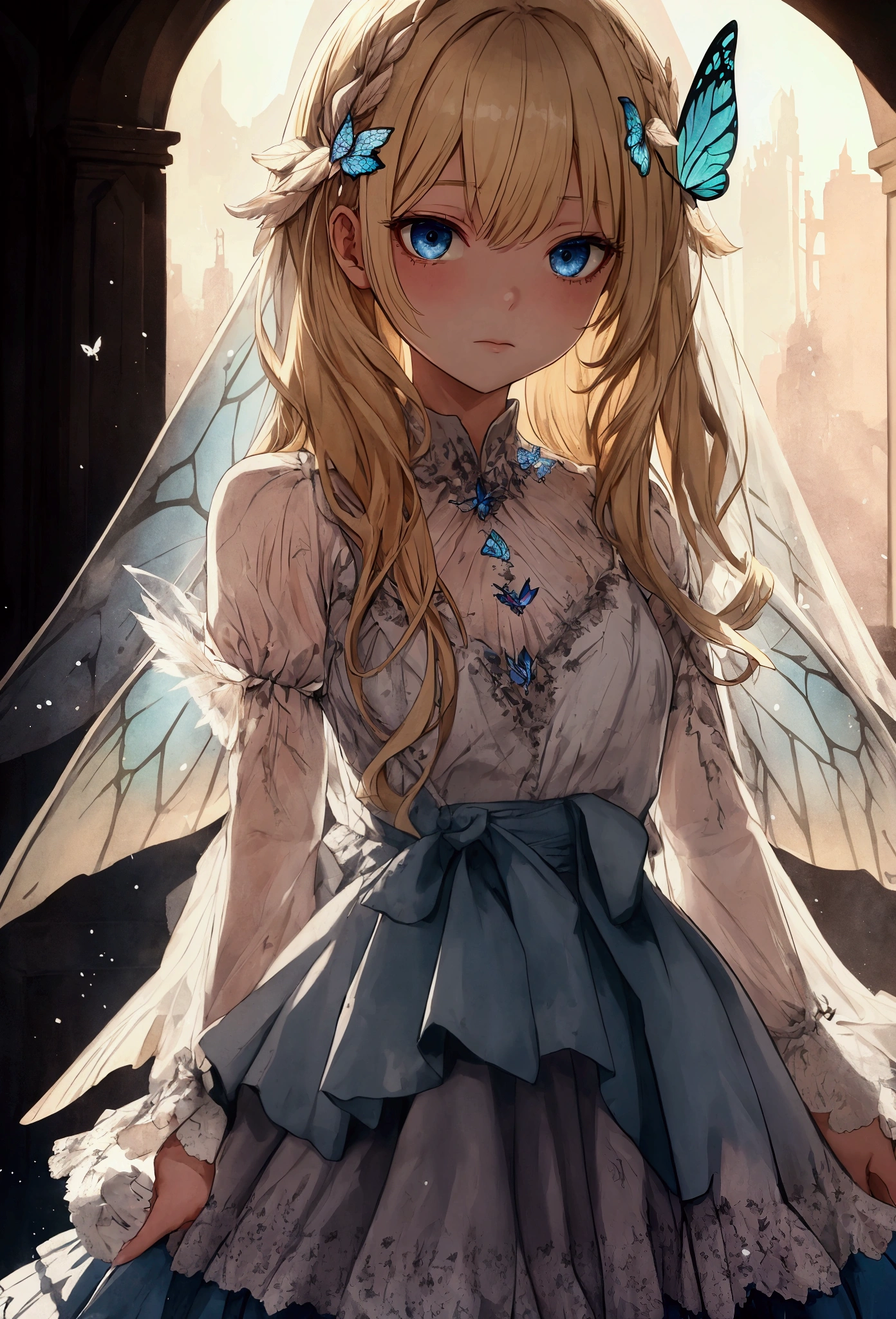 detailed, {{{empty eyes,hollow eyes}}},{{{watercolor (medium)}}}, light particles,shining butterfly,{{{crystal wings}}},,blonde hair,feathers,ruby,aquamarine,{{{damaged wings}}},flying,{{{ backlighting}}}, white dress,torn wings,blue eyes, dust,sad, torn clothes, darkness,{{ dramatic shadows}}, tiered layers skirt,short dress,