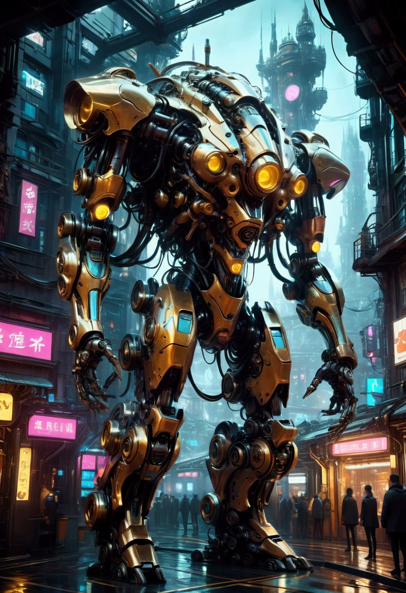 A massive mechanical creature, intricate gears and machinery, glowing neon-like lights, cyberpunk aesthetic, futuristic environment, intricate metallic textures, dynamic pose, cinematic lighting, (4k,8k,highres:1.2), ultra-detailed, machinery, steam punk, industrial, advanced technology, advanced robotics, complex design, dynamic movement, powerful presence, ominous atmosphere, masterpiece, best quality, very aesthetic, absurdres