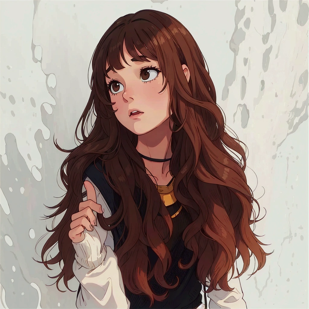 (best quality:0.8) perfect anime illustration, a close up of a woman with long brown hair and a choke, brown long hair with bangs, light brown long wavy hair, long hair with bangs, long hair with full bangs, long brown wavy hair, long wavy brown hair, brown wavy hair, brown hair with bangs, brown flowing hair, brown hair and bangs, brown bangs, dynamic wavy hair