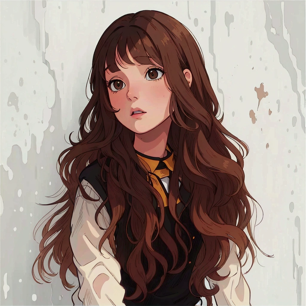 (best quality:0.8) perfect anime illustration, a close up of a woman with long brown hair and a choke, brown long hair with bangs, light brown long wavy hair, long hair with bangs, long hair with full bangs, long brown wavy hair, long wavy brown hair, brown wavy hair, brown hair with bangs, brown flowing hair, brown hair and bangs, brown bangs, dynamic wavy hair