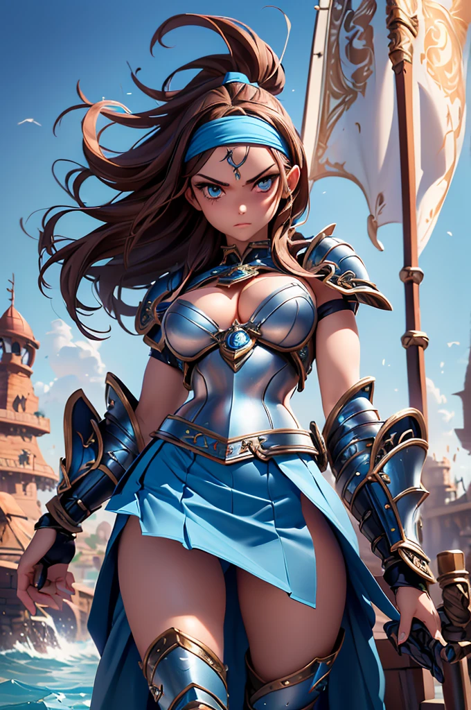 1girl, ((slim)) tall pirate sexywoman, thin waist, 18 years old, ((ornate ((steel)) breastplate armor)), average breasts. (((cleavage))), ((((very long blue skirt)))) with ((((single slit)) on the side)), ((headband)), on a ship, ((gorgeous slim face)), ((Brown hairs)), ((long straight flowing hairs)), sea, detailled face, marterwork, serious eyes, intense detailled eyes