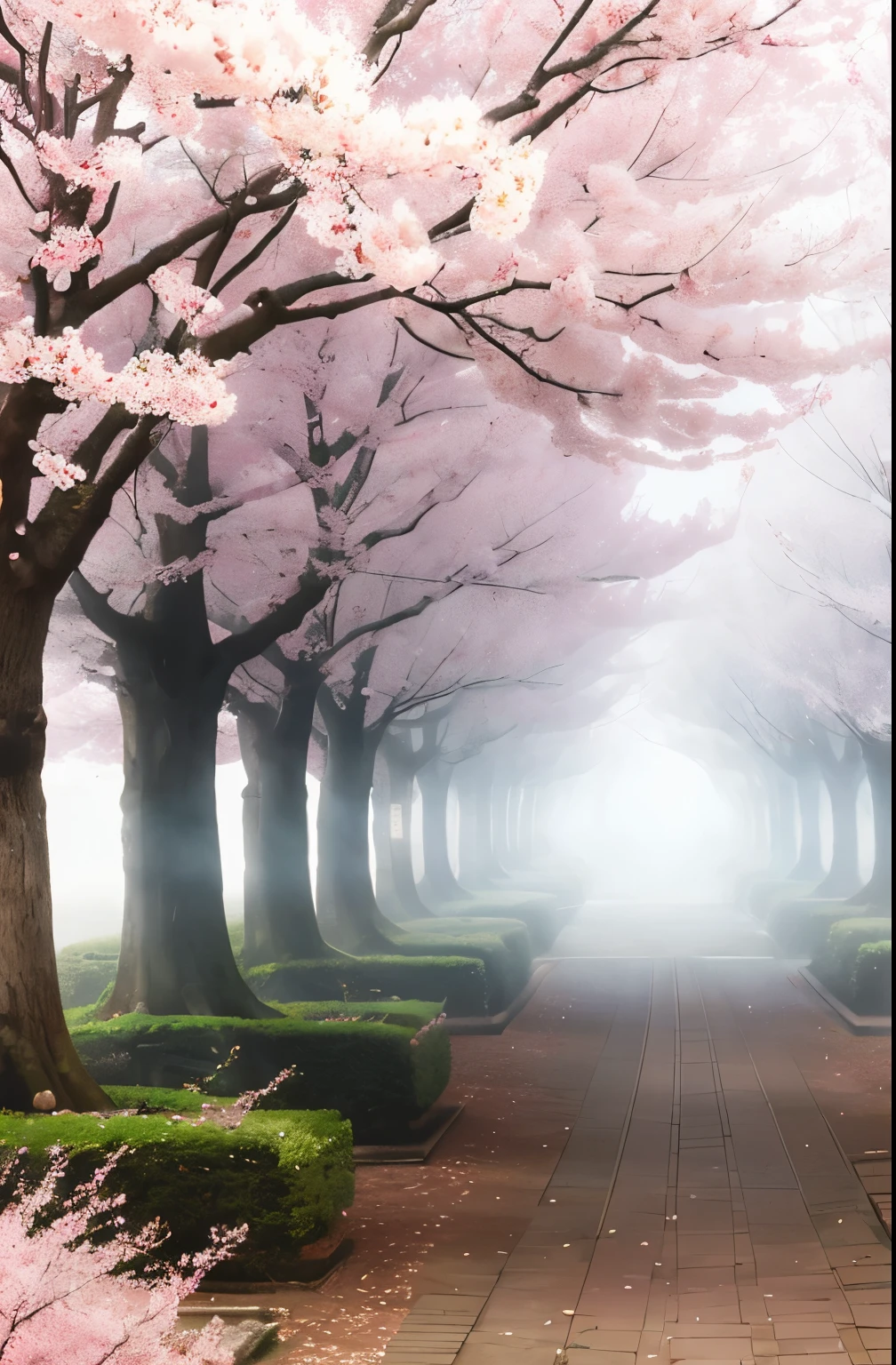 there is a tree with pink flowers in the foggy area, extremely beautiful and ethereal, spring early morning, misty garden, incredibly ethereal, cherry blossom forest, cherry blossom, cherry blossoms, flowers and trees, detailed trees in bloom, cherry blossom tree, cherry tree in the background, by Xie Shichen, by Cheng Jiasui, very ethereal, beautiful!!!!!!!!!