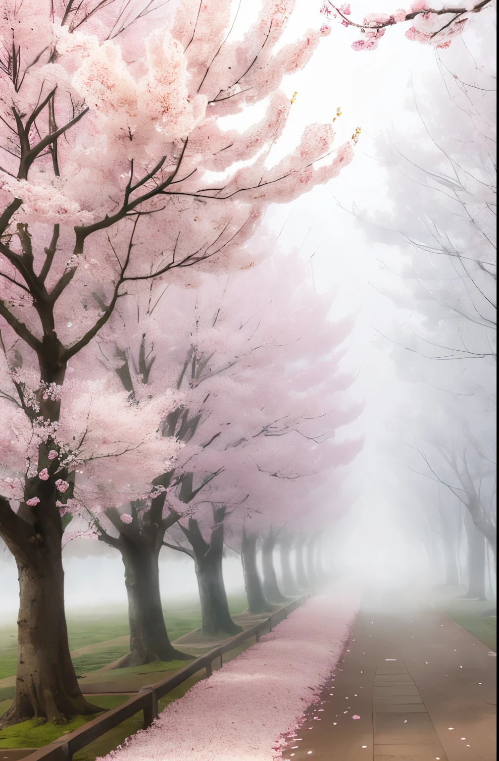 there is a tree with pink flowers in the foggy area, extremely beautiful and ethereal, spring early morning, misty garden, incredibly ethereal, cherry blossom forest, cherry blossom, cherry blossoms, flowers and trees, detailed trees in bloom, cherry blossom tree, cherry tree in the background, by Xie Shichen, by Cheng Jiasui, very ethereal, beautiful!!!!!!!!!