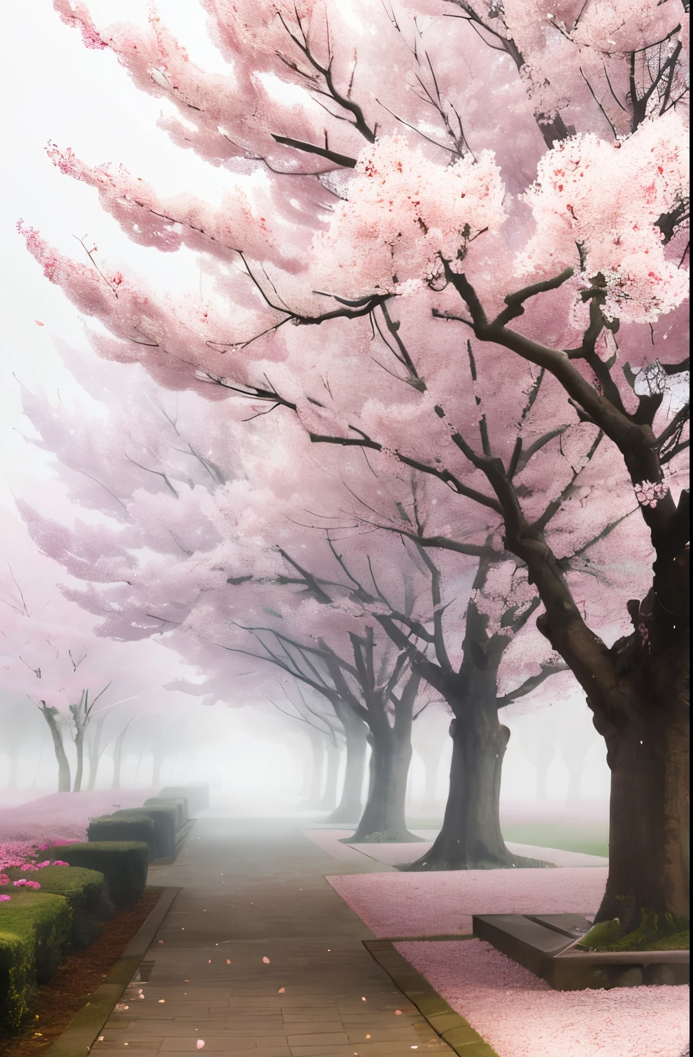 there is a tree with pink flowers in the foggy area, extremely beautiful and ethereal, spring early morning, misty garden, incredibly ethereal, cherry blossom forest, cherry blossom, cherry blossoms, flowers and trees, detailed trees in bloom, cherry blossom tree, cherry tree in the background, by Xie Shichen, by Cheng Jiasui, very ethereal, beautiful!!!!!!!!!