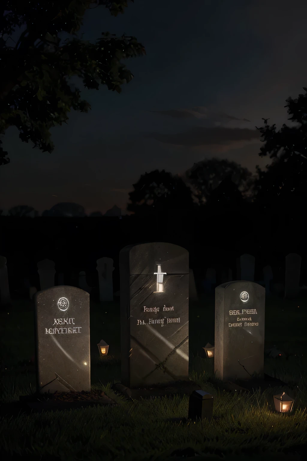 A set of realistic tombstones with LED lights and spooky inscriptions, perfect for creating a haunted graveyard scene in your yard.
