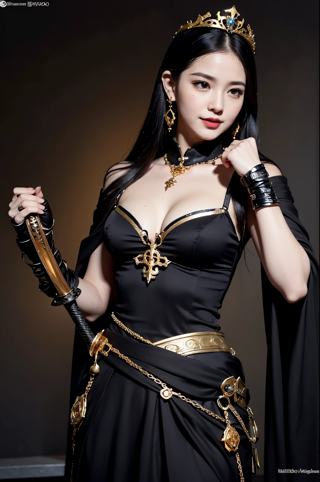 8k,とてもSmall breasts,Long black hair,Close-up of a woman in a black evil god costume holding a one-handed sword, Beautiful fantasy empress, ((Beautiful fantasy empress)), Small breasts , Very detailed, Very detailed , Up to the model | Types of bacteria, Trending on cgstation, Pan Zhenwei Art Station, Gorgeous black cloak,Ultra-high resolution,Ultra-Realistic Skin,Beautiful expression,Fantasy art,Laughter(Like the real thing),非常にSmall breasts ,Straight hair,Golden Eyes,black gemstone earrings,black gemstone necklace,Luxurious black gauntlets,Black lipstick,Black eyeshadow,Evil God Makeup,Dynamic fighting pose,Rich colors, Backlight, Cinema Lighting, Film Grain, to be born, 50mm lens, Nikon D850,Compensate,View your audience,Toned, muscular lower body,Muscular Beauty,compensate,Big smile,Gorgeous black and gold long skirt,