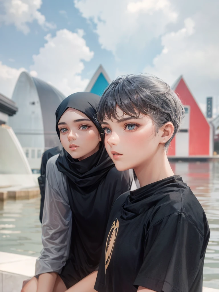1 beautiful 20 year old girl, oval face, wearing a black hijab, wearing a gray shirt, sitting, high quality, high detail, 4k
2 20 year old men, oval face, handsome short hair, wearing black t-shirts, high quality, high detail, 4k