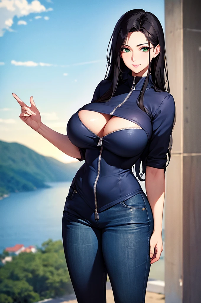 (Art: 1.2), (best quality: 1.2) 1 woman, mature, tall (1.85), She appeared to be around 28 years old, had long black hair, straight and shiny hair, green eyes, extremely detailed, perfect eyes , extremely realistic eyes, well-aligned eyes, long eyelashes, anime style, perfect face, milf face, full lips, smiling, mature, clear skin, natural body, sexy body, MILF body, hands on waist, perfect hands, detailed hands, hands well proportioned to the body, realistic hands, arms with good anatomy, she wore a greek blue woolen pullover with a zipper wich is half open, the woolen pullover with zipper still couldn't hide her extremely large and huge breasts that were hanging down due to her size, thick thighs, wide hips, Looking at the viewer, background, she also wears jeanspants, scenery, scenery at a greek viewpoint on the edge of a lake, in the background posing the setting sun, alone Looking at the viewer