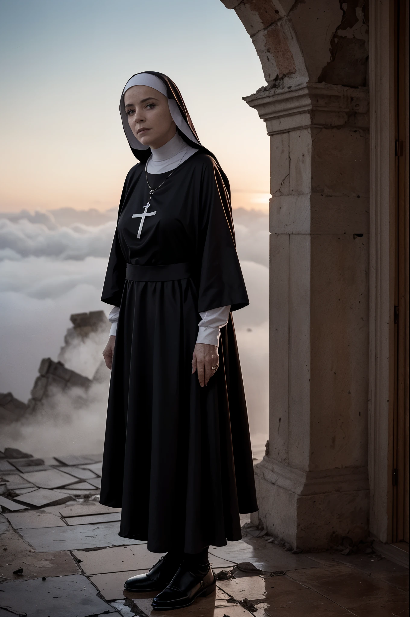 Masterpiece, (a half body shot:1.3), (A beautiful catholic 68 years old nun girl is in the foreground, ultra realistic face, ultra detailed face:1.4), her silhouette stark against the dimly lit backdrop of the ruined abbey. (Wisps of fog swirl around her feet, adding to the sense of isolation and vulnerability:1.2). The abbey itself looms ominously behind her, its once-grand architecture now reduced to decaying ruins. Shadows play tricks on the eye, suggesting hidden figures or lurking dangers within the mist. The overall atmosphere is one of dread and impending peril, as the nun braces herself for whatever horrors the dawn may bring, 8K, ultra high res.photorealistic, UHD