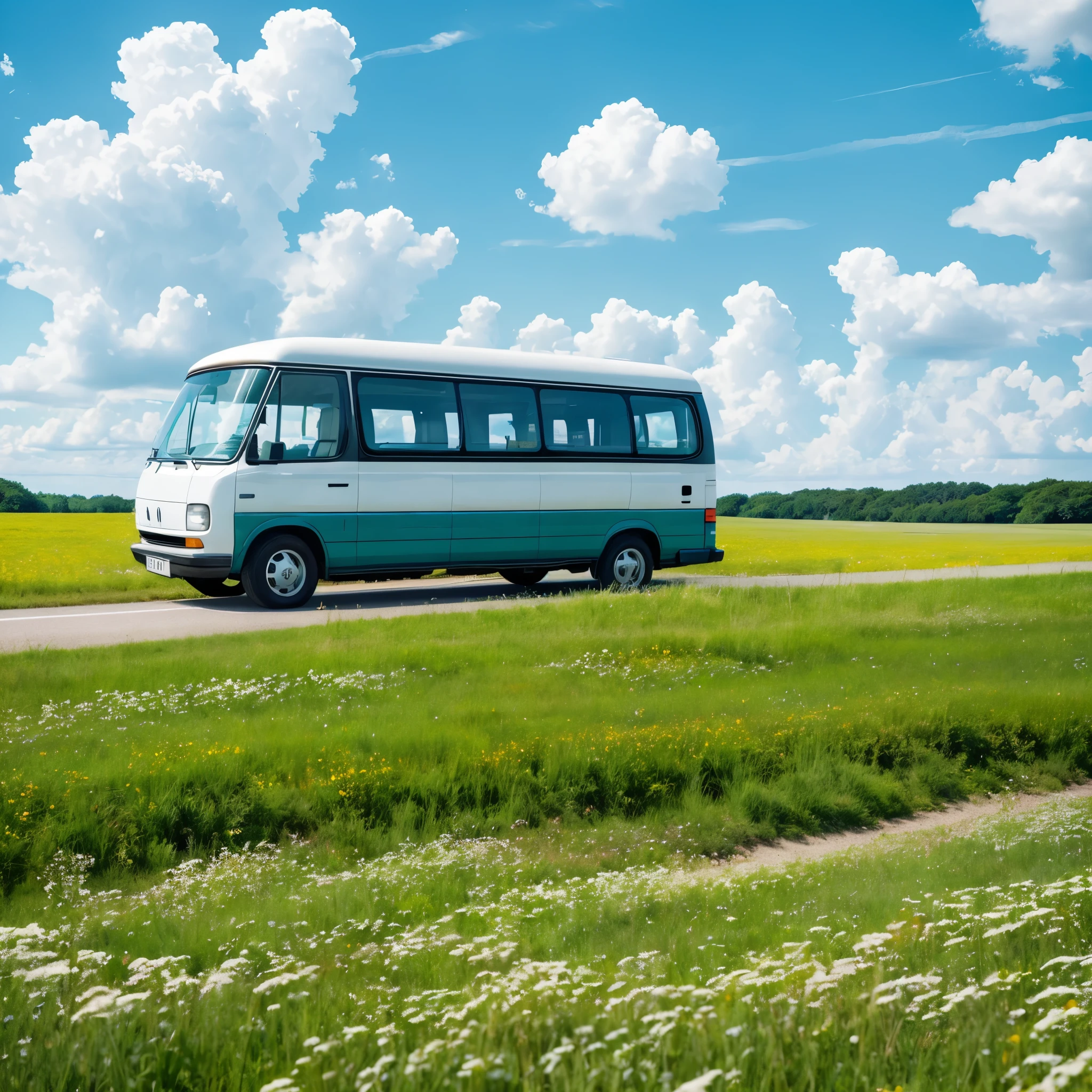 (Minimalism:1.4), Minibus on the road, Studio Ghibli Art, Miyazaki, Meadow with blue sky and white clouds