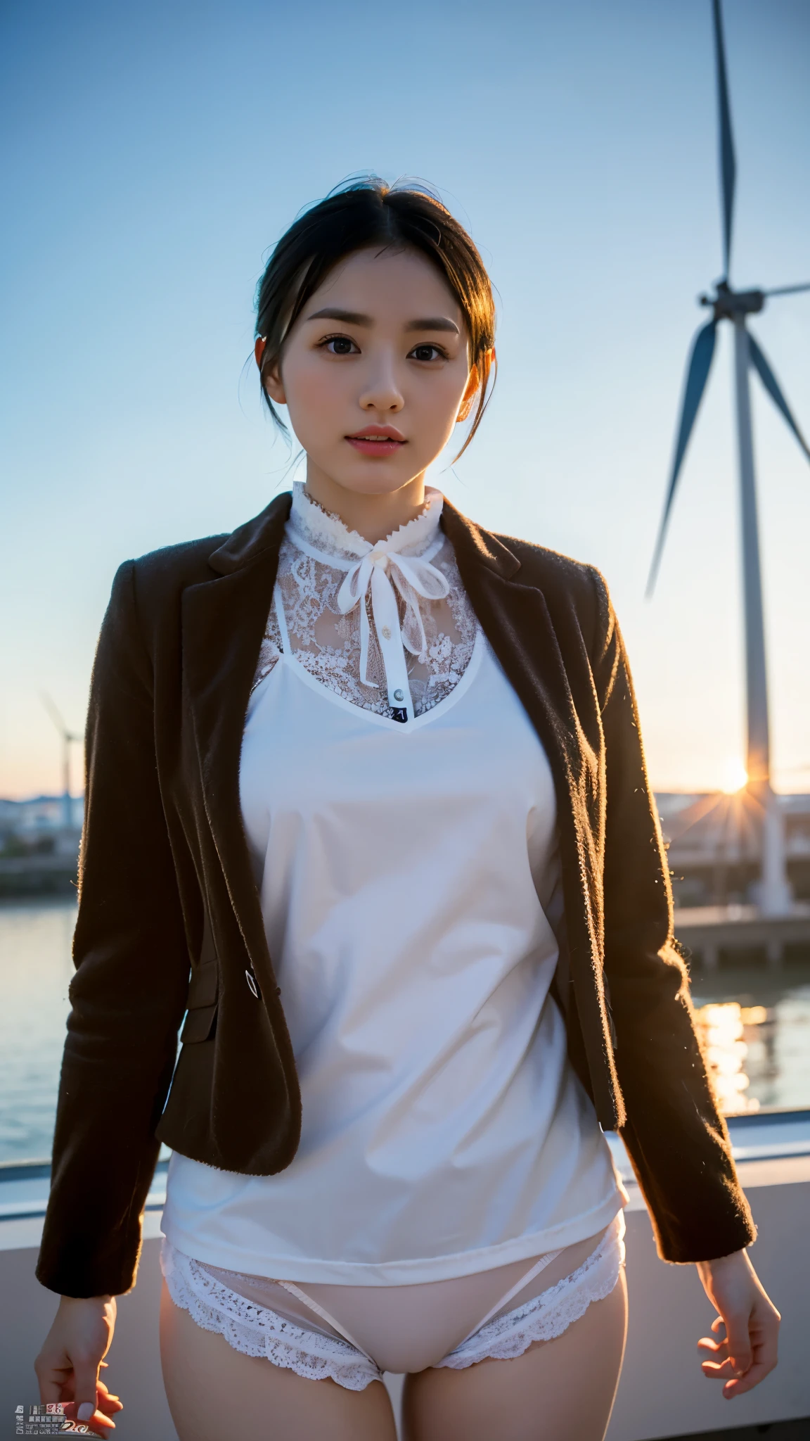 RAW photo, 1 girl, incredibly absurd, 30 years old, beautiful girl, (cute), (short hair), photo shoot, realistic, Depth of the bounds written, High resolution, Super detailed, delicate, very detailed, highly detailed eyes and face, sharp pupils, Realistic Office Lady, sharp focus, LED lighting, Eye and face details, (velvet blazer), mini skirt, cowboy shot full body, (wind lift:1.6), cameltoe, lace underwear, stare, (Big breasts that are about to burst), Close-up, perfect body, Buck view, sunset