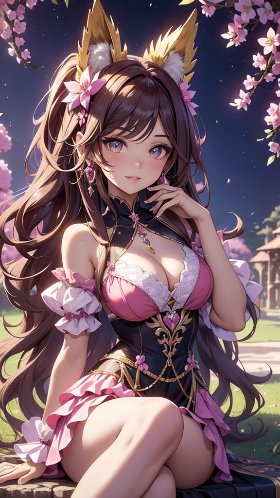 (best quality,4k,8k,highres,masterpiece:1.2),ultra-detailed,(realistic,photorealistic,photo-realistic:1.37),acrylic painting,beautiful Brazilian model in a ta dress with downy hair,beautiful Brazilian model with extremely colorful brown hair and detailed facial features,beautiful Brazilian model standing in a beautiful garden surrounded by a starry sky,brown hair,beautiful Brazilian model wearing a vibrant pink and teal Loliress,beautiful Brazilian model with intricate accessories,cat ears,beautiful Brazilian model posing gracefully with her hands on her hips,beautiful Brazilian model with long flowing twintails,beautiful Brazilian model with bright brown eyes and rosy lips,beautiful Brazilian model with a joyful expression,beautiful Brazilian model in a dynamic pose with cherry blossoms falling around her,beautiful Brazilian model surrounded by colorful flowers and butterflies,beautiful Brazilian model's dress adorned with cute bows and lace details,beautiful Brazilian model with an enchanting smile,beautiful Brazilian model with soft, pastel-colored shading,beautiful Brazilian model with a magical glow illuminating her,beautiful Brazilian model in a picturesque setting with a winding path leading to a magnificent castle,beautiful Brazilian model with a fairytale-like background,beautiful Brazilian model with a soft, dreamy atmosphere,beautiful Brazilian model with a subtle bokeh effect,beautiful Brazilian model standing under a sunny sky,beautiful Brazilian model with a warm, golden sunset in the background,beautiful Brazilian model surrounded by twinkling stars and colorful nebulae,creating an ethereal and captivating artistic masterpiece, sitting down. 