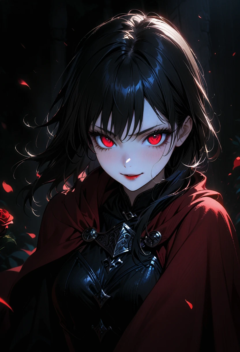 (full body portrait), 1girl, solo, holding weapon, sword, (long black hair), detailed face, mischief expression, smirk, pale white skin, red eyes, (detailed eyes), long eyelashes, (black eye liner), red lipstick, black tunic, red cloak, long dress, leather glove, (chest armor), moonlight, hard lighting, blue light, cold light, (rose pedals falling), (medieval theme), (masterpiece), super detailed, best quality, POV, dw01-3400