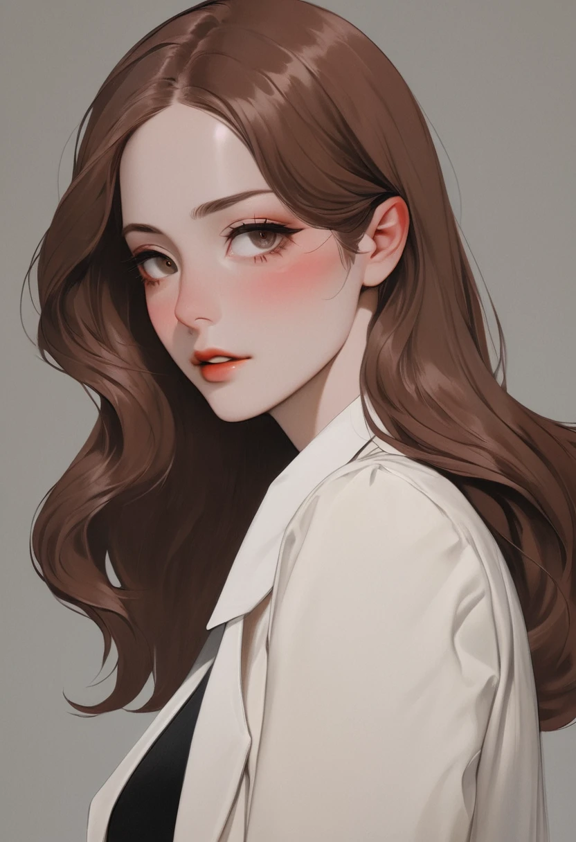 [high quality] [photographic] [anime] tall woman, Light brown hair, long wavy hair, detective style clothing, blossomed bag. dark background.