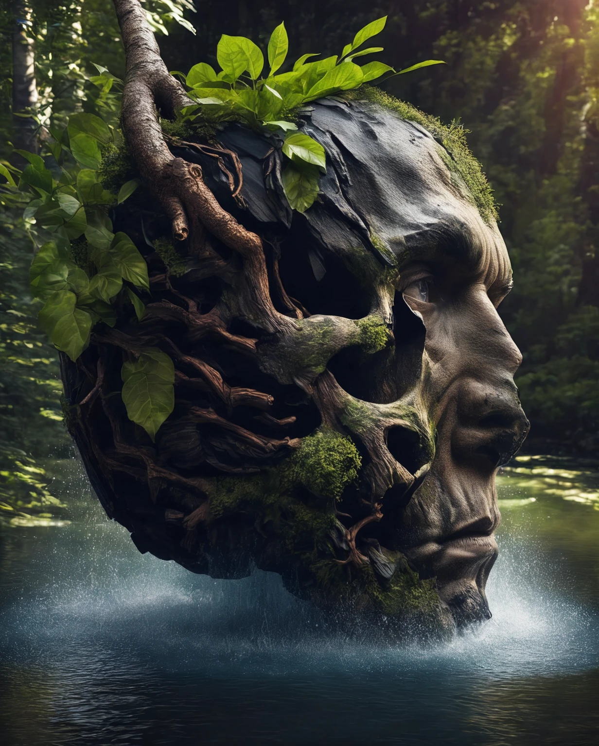Big stupid object，Portrait of a giant head sculpture falling into water，Great Wilderness，Dense teeth，old，dead branch