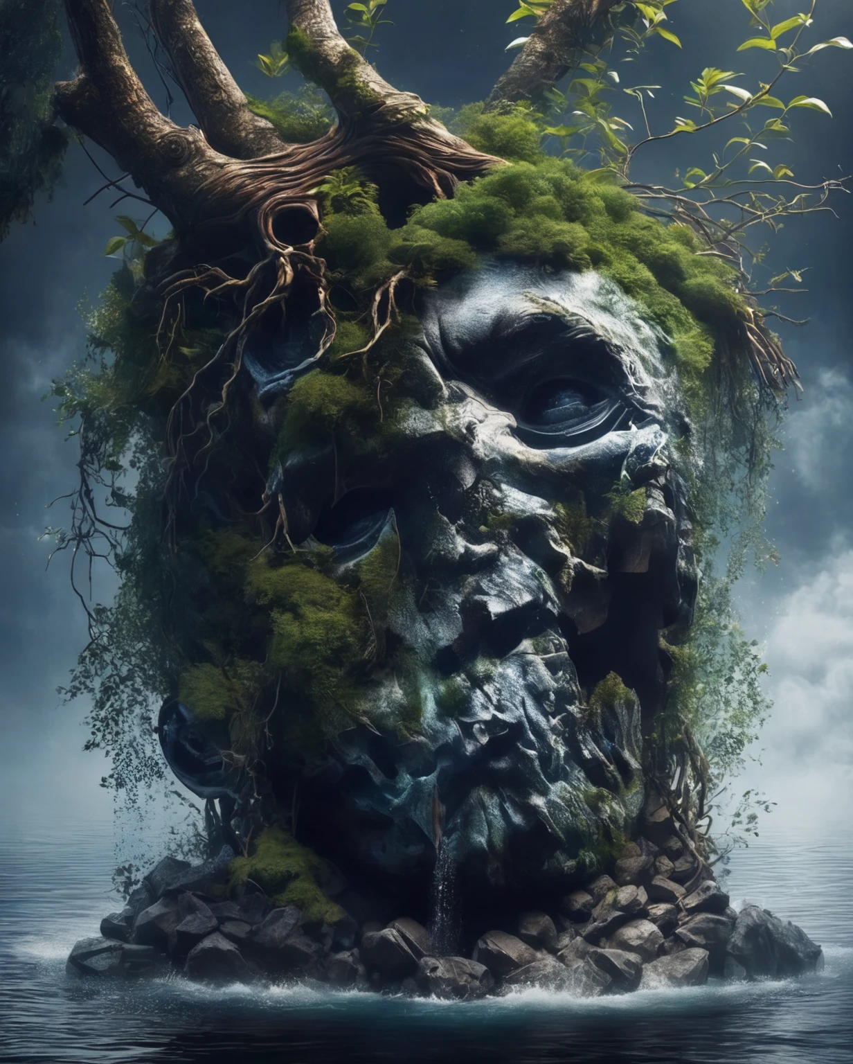 Big stupid object,Portrait of a giant head sculpture falling into water,Great Wilderness,Dense teeth,old,dead branch