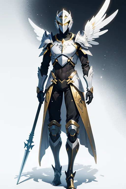 angel exoskeleton armor helmet with cross symbol templars gold color with a spear in hand full body facing the viewer white background