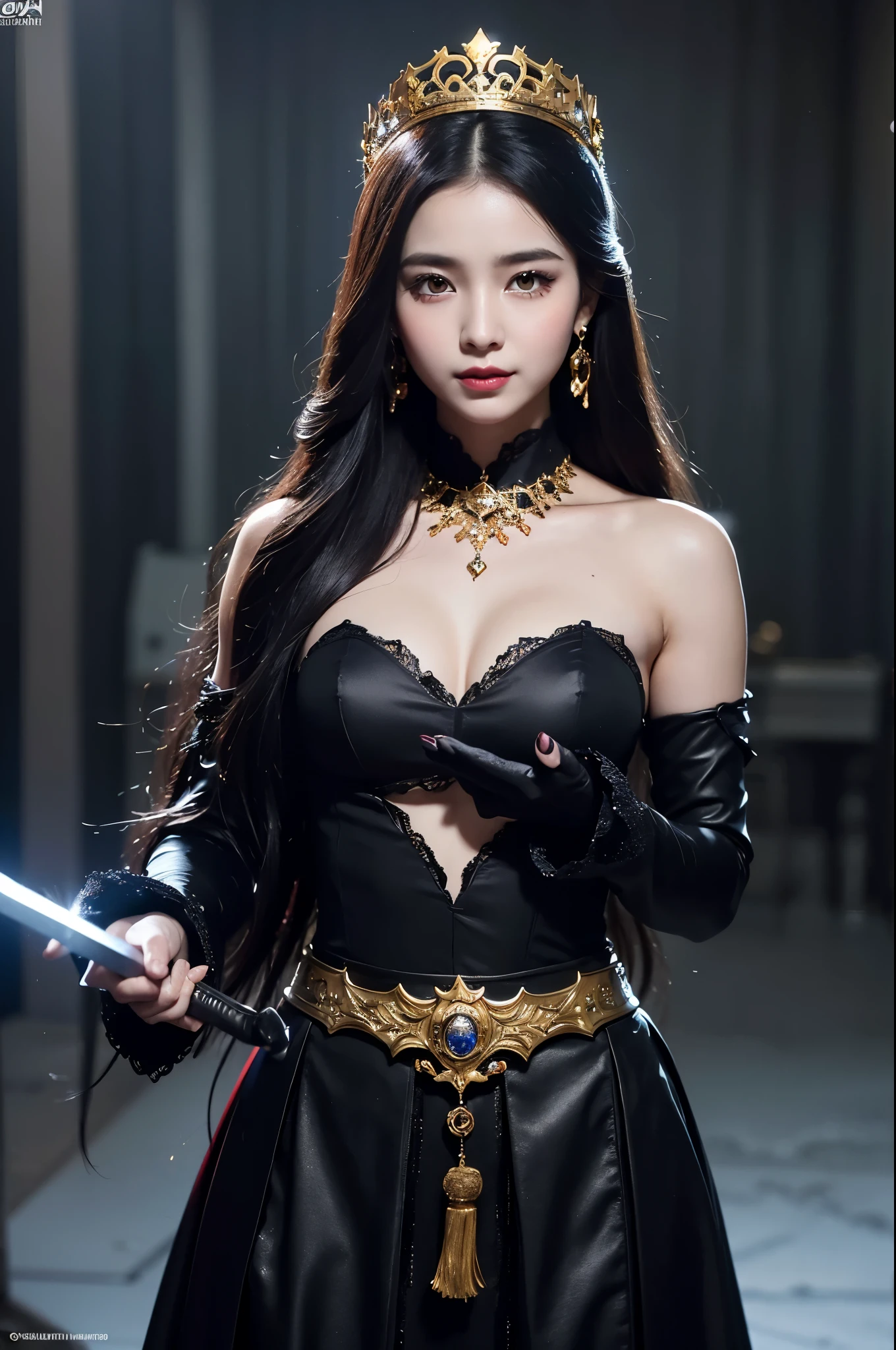 8k,とてもSmall breasts,Long black hair,Close-up of a woman in a black evil god costume holding a one-handed sword, Beautiful fantasy empress, ((Beautiful fantasy empress)), Small breasts , Very detailed, Very detailed , Up to the model | Types of bacteria, Trending on cgstation, Pan Zhenwei Art Station, Gorgeous black cloak,Ultra-high resolution,Ultra-Realistic Skin,Beautiful expression,Fantasy art,Laughter(Like the real thing),非常にSmall breasts ,Straight hair,Golden Eyes,black gemstone earrings,black gemstone necklace,Luxurious black gauntlets,Black lipstick,Black eyeshadow,Evil God Makeup,Dynamic fighting pose,Rich colors, Backlight, Cinema Lighting, Film Grain, to be born, 50mm lens, Nikon D850,Compensate,View your audience,Toned, muscular lower body,Muscular Beauty,compensate,Big smile,Gorgeous black and gold long skirt,