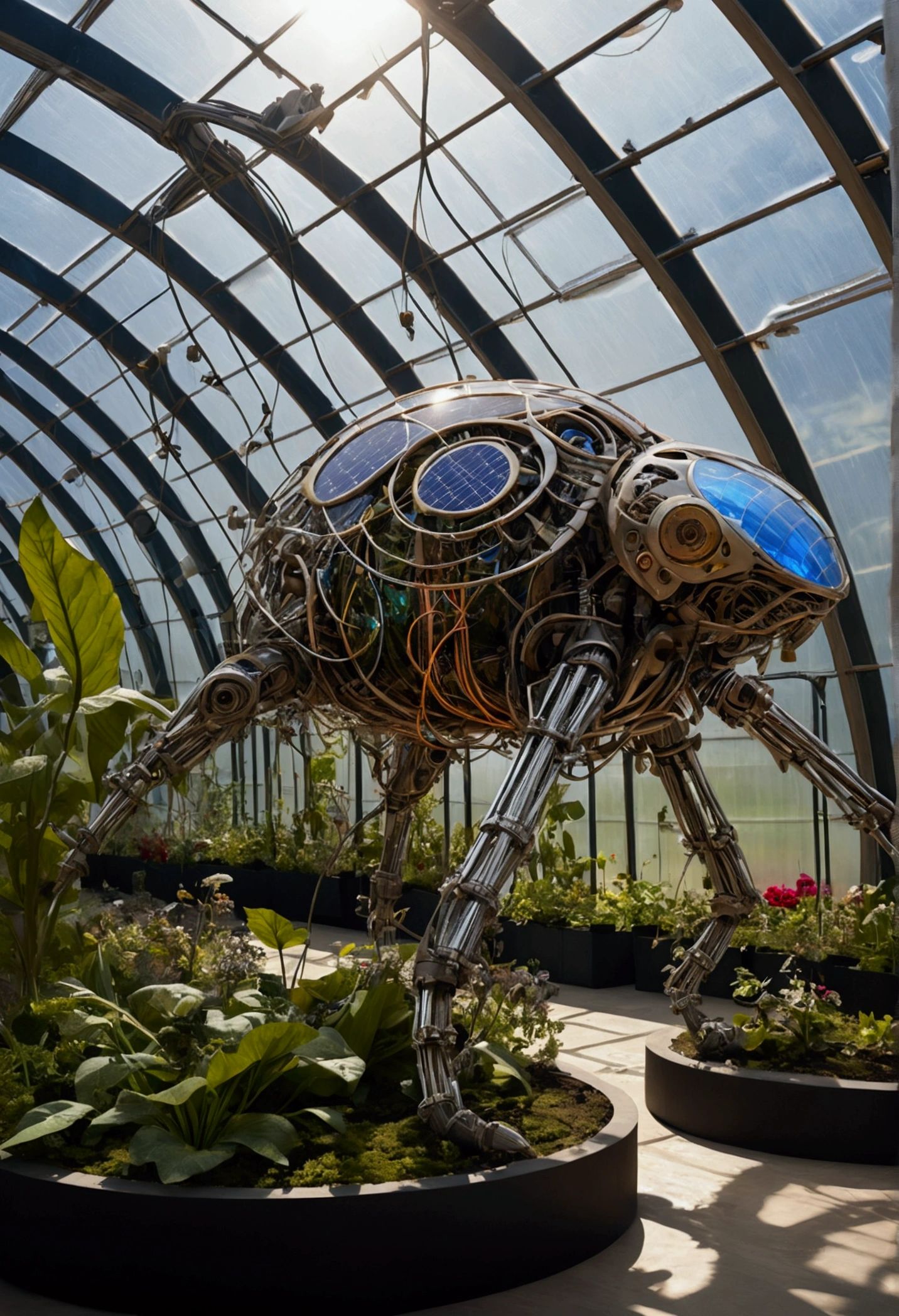 (Mechanical Creature, Mechanical body:1.2), In a technologically advanced greenhouse, various mechanical plants grow inside, with their leaves made of solar panels and roots made of fiber optics and cables. A special mechanical flower is slowly blooming, with transparent crystal petals and tiny mechanical structures visible operating inside. Light refracts through crystal petals, creating a rainbow like glow and creating a magical and mysterious atmosphere, captivating chiaroscuro, dynamic movement, full body, award-winning, cinematic still, emotional, vignette, dynamic, vivid, (masterpiece, best quality, photorealistic, Professional, perfect composition, very aesthetic, absurdres, ultra-detailed, intricate details:1.3)