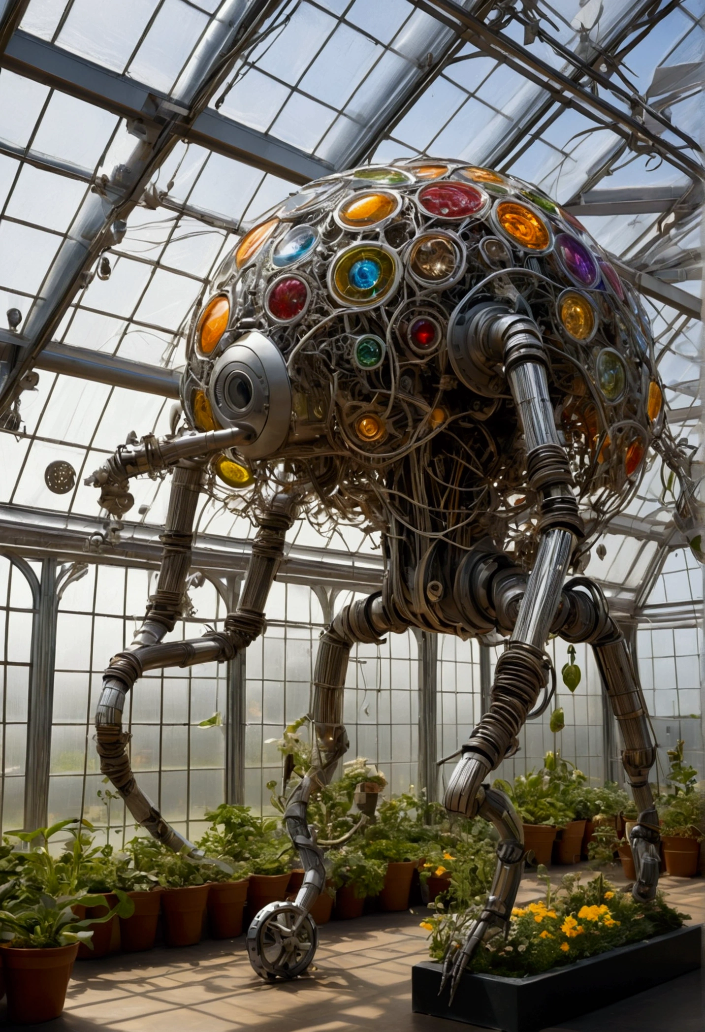 (Mechanical Creature, Mechanical body:1.2), In a technologically advanced greenhouse, various mechanical plants grow inside, with their leaves made of solar panels and roots made of fiber optics and cables. A special mechanical flower is slowly blooming, with transparent crystal petals and tiny mechanical structures visible operating inside. Light refracts through crystal petals, creating a rainbow like glow and creating a magical and mysterious atmosphere, captivating chiaroscuro, dynamic movement, full body, award-winning, cinematic still, emotional, vignette, dynamic, vivid, (masterpiece, best quality, photorealistic, Professional, perfect composition, very aesthetic, absurdres, ultra-detailed, intricate details:1.3)