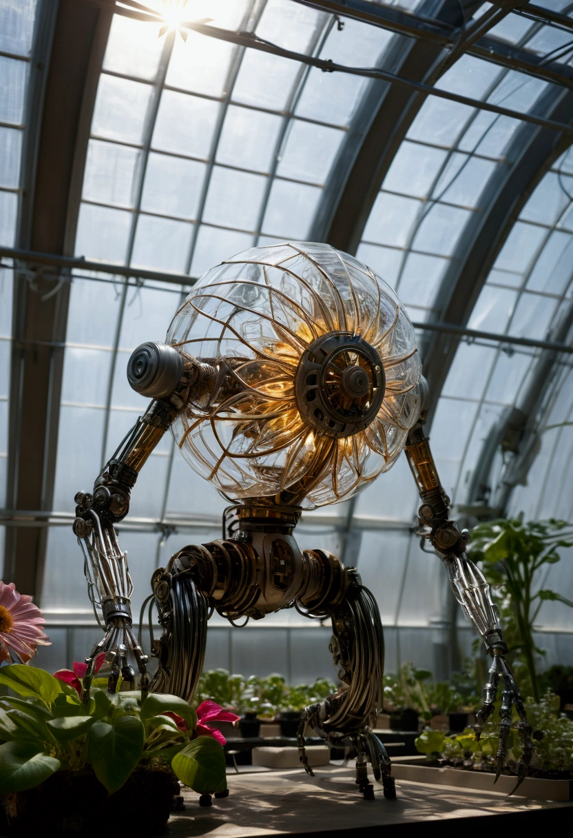 (Mechanical Creature, Mechanical body:1.2), In a technologically advanced greenhouse, various mechanical plants grow inside, with their leaves made of solar panels and roots made of fiber optics and cables. A special mechanical flower is slowly blooming, with transparent crystal petals and tiny mechanical structures visible operating inside. Light refracts through crystal petals, creating a rainbow like glow and creating a magical and mysterious atmosphere, captivating chiaroscuro, dynamic movement, full body, award-winning, cinematic still, emotional, vignette, dynamic, vivid, (masterpiece, best quality, photorealistic, Professional, perfect composition, very aesthetic, absurdres, ultra-detailed, intricate details:1.3)