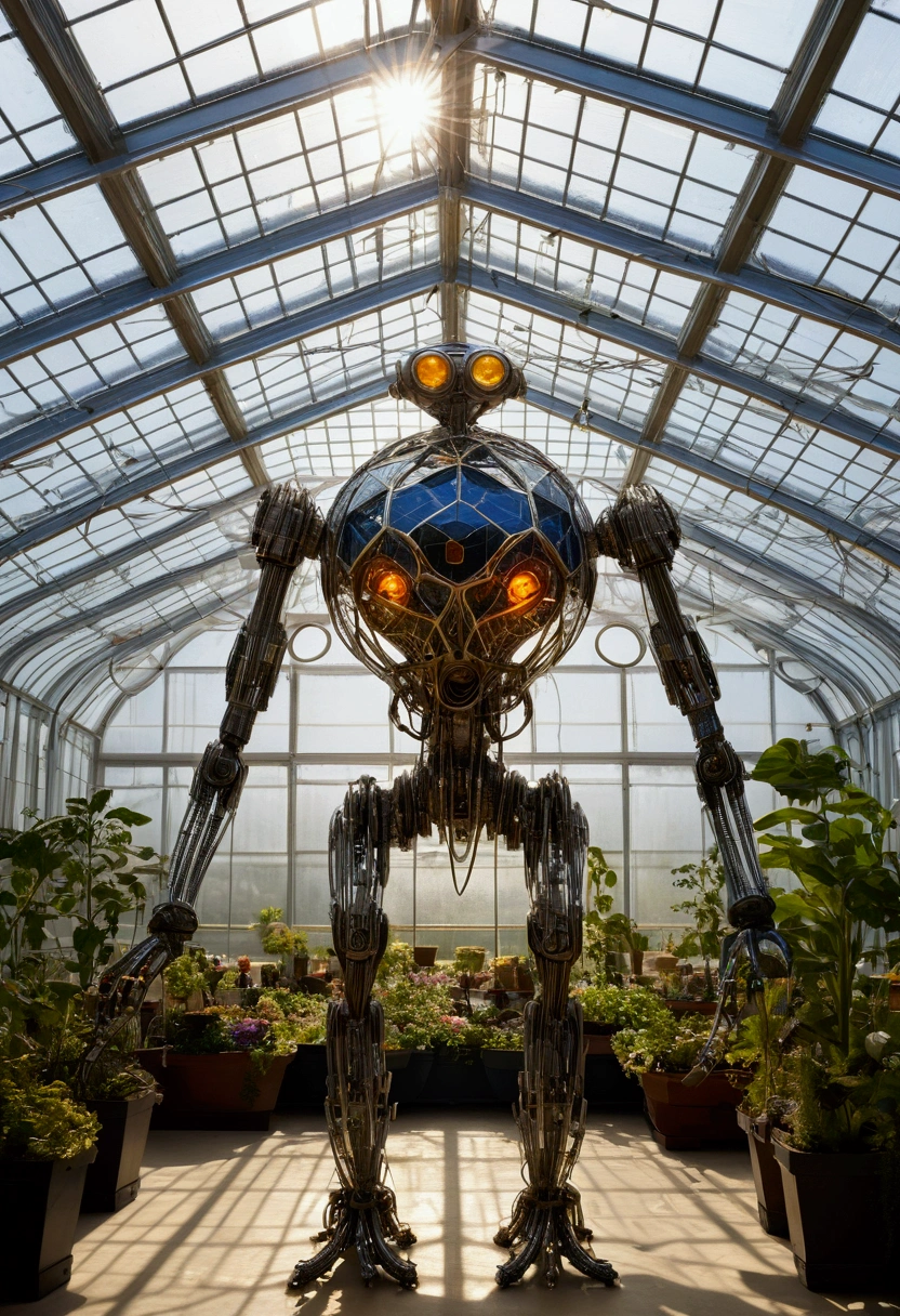 (Mechanical Creature, Mechanical body:1.2), In a technologically advanced greenhouse, various mechanical plants grow inside, with their leaves made of solar panels and roots made of fiber optics and cables. A special mechanical flower is slowly blooming, with transparent crystal petals and tiny mechanical structures visible operating inside. Light refracts through crystal petals, creating a rainbow like glow and creating a magical and mysterious atmosphere, captivating chiaroscuro, dynamic movement, full body, award-winning, cinematic still, emotional, vignette, dynamic, vivid, (masterpiece, best quality, photorealistic, Professional, perfect composition, very aesthetic, absurdres, ultra-detailed, intricate details:1.3)