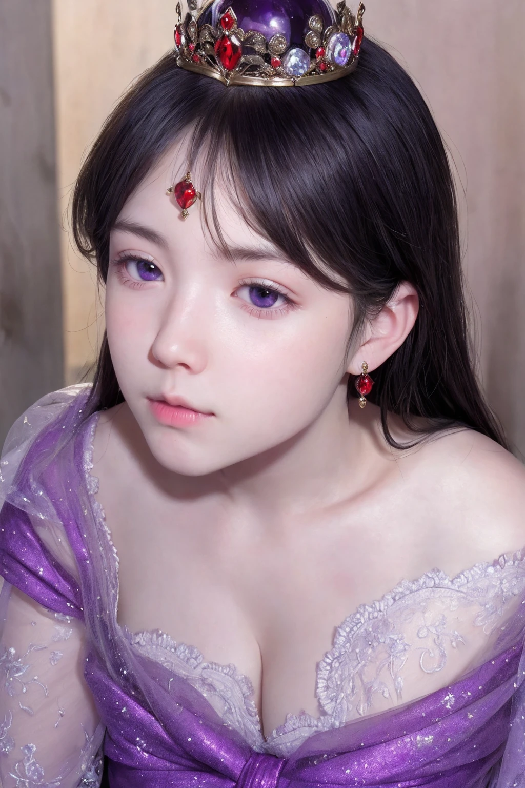masterpiece,Highest high resolution,((magic orb)),Dynamic bust of beautiful aristocratic maiden,Black hair elegantly coiled,((Wearing a huge red crown)),veils,Purple clear eyes,The hair is covered with beautiful and delicate floral craftsmanship, Crystal jewelry filigree,Ultra-detailed details,upscaled, face focus,